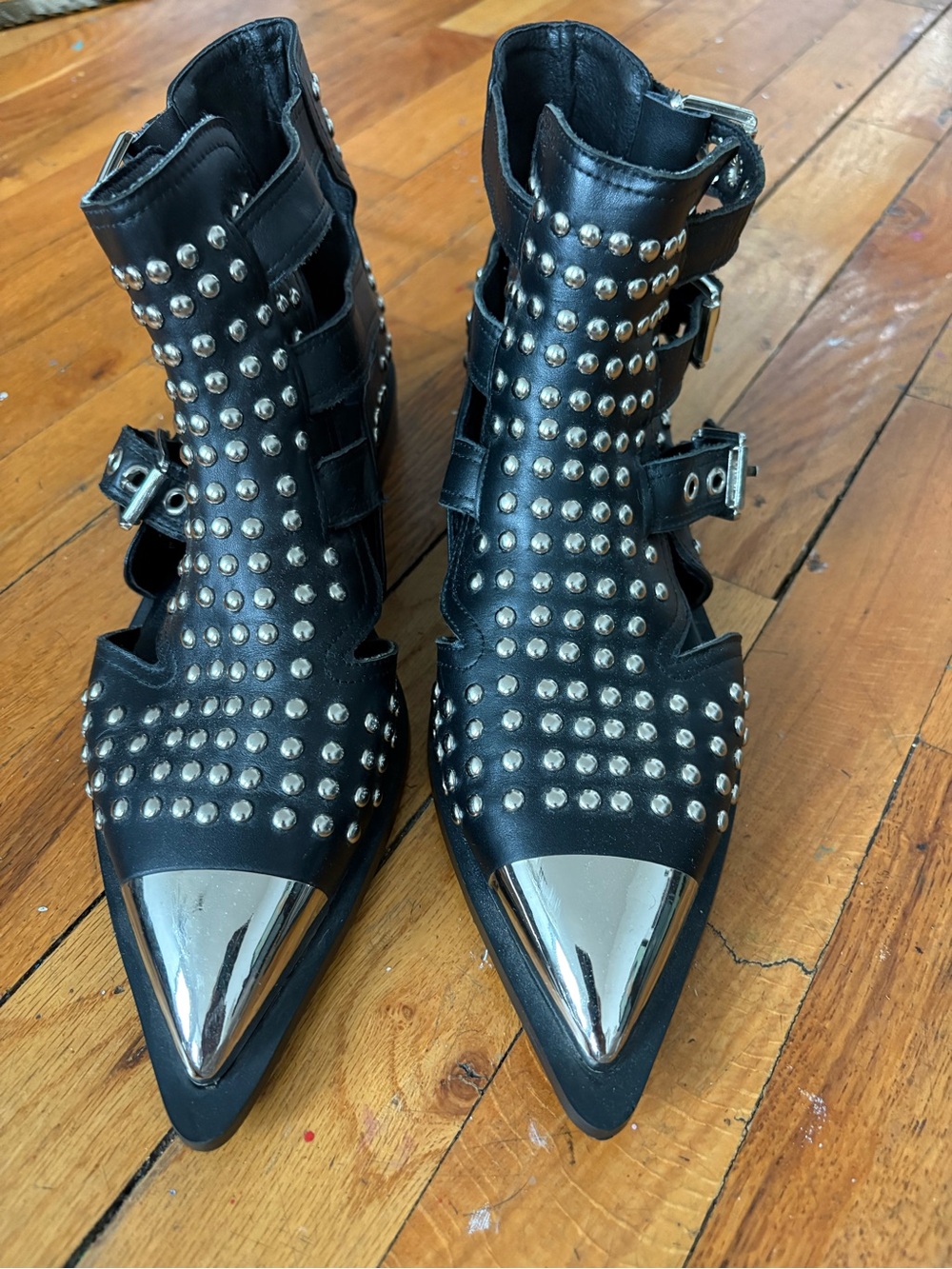 Studded Black Pointed Toe Buckle Boots